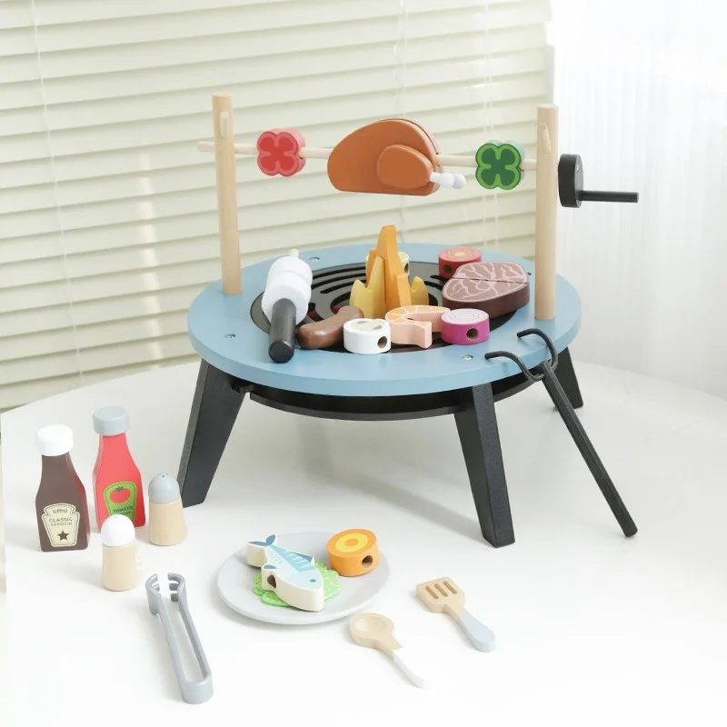 Wooden BBQ Firepit Set Early Learning Kitchen Toys Kids Simulation Barbecue Game Educational Wooden Toy for Children