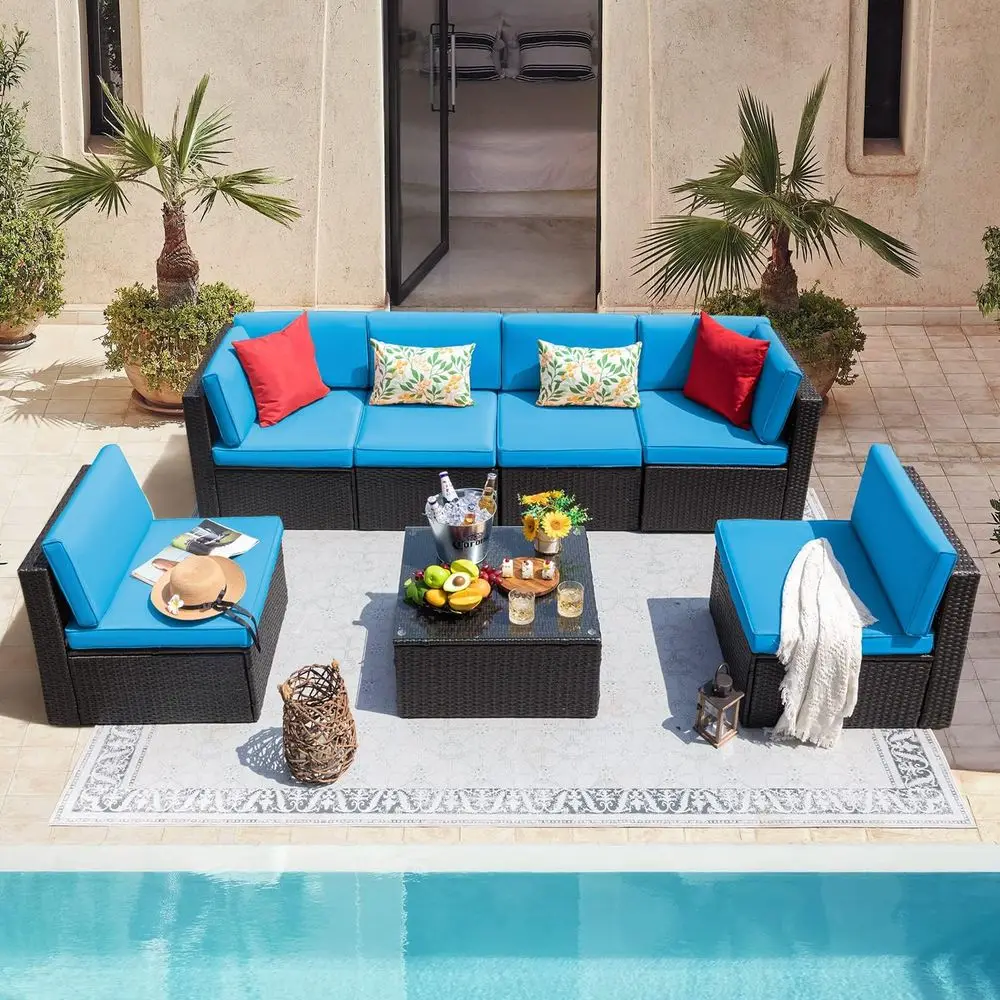 

7-Piece Outdoor Sectional Sofa Patio Furniture Set with Cushions and Glass Table in Blue