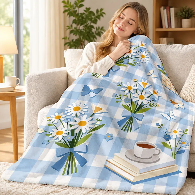 Fresh Daisy Floral Throw Blanket Blue Gingham Butterfly Book Cup Art Soft Flannel for Living Room Couch Lounge Home Decor Gift