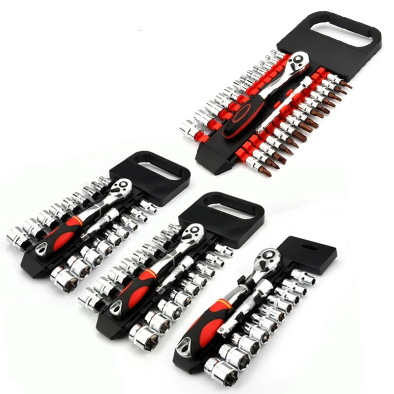 Crv Quick Release Reversible Ratchet Socket Wrench Set Tools with Hanging Rack 1/4\