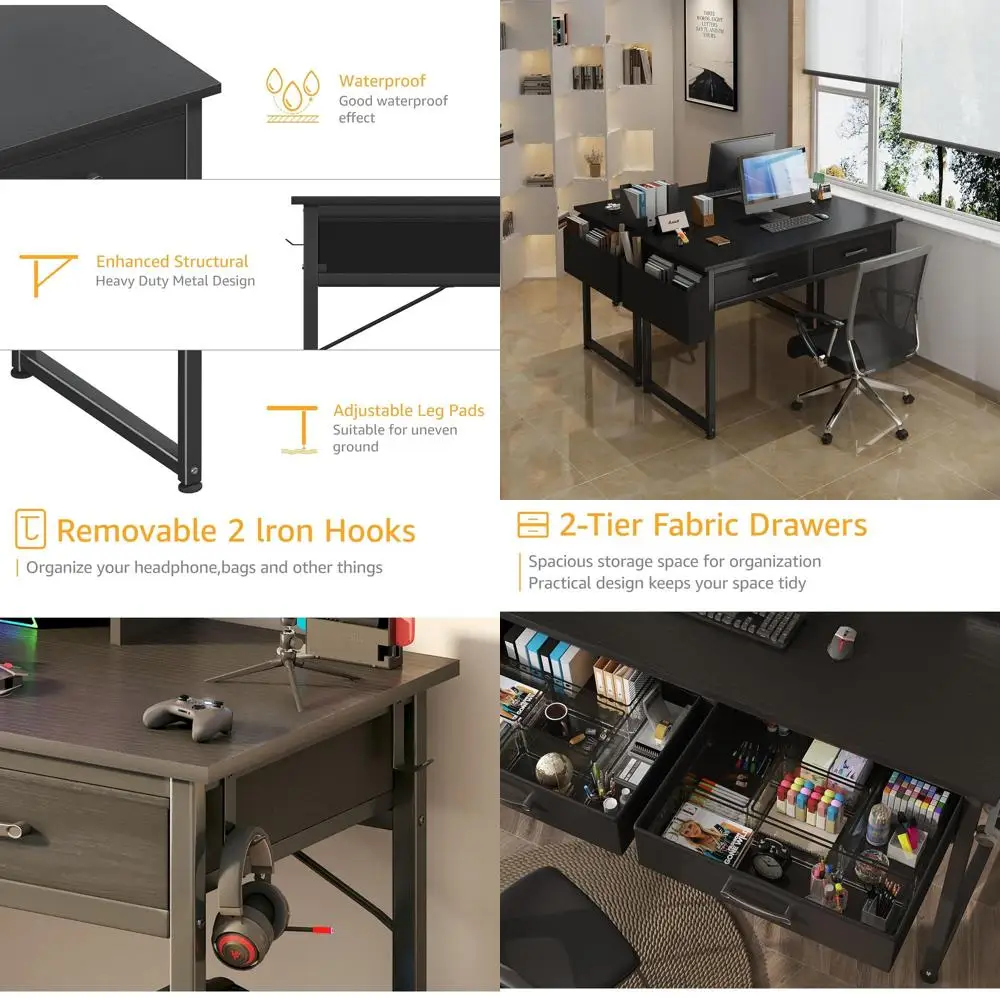 

40 Compact Gaming Desk with Fabric Drawers for Home Office, Study, and Bedroom - Black