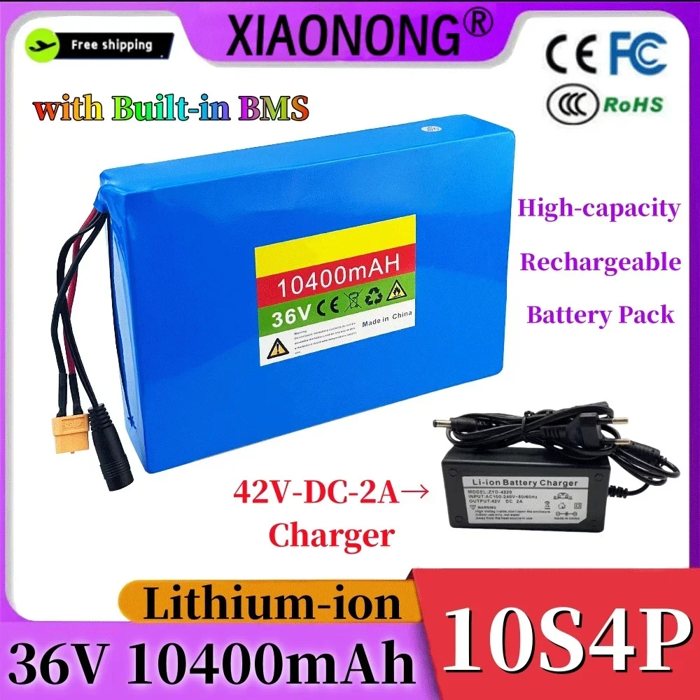 

36V 10S4P 10400mAh Lithium-ion Battery Pack High Quality with BMS for Electric Bicycle Scooter Battery Replacement+42V Charger