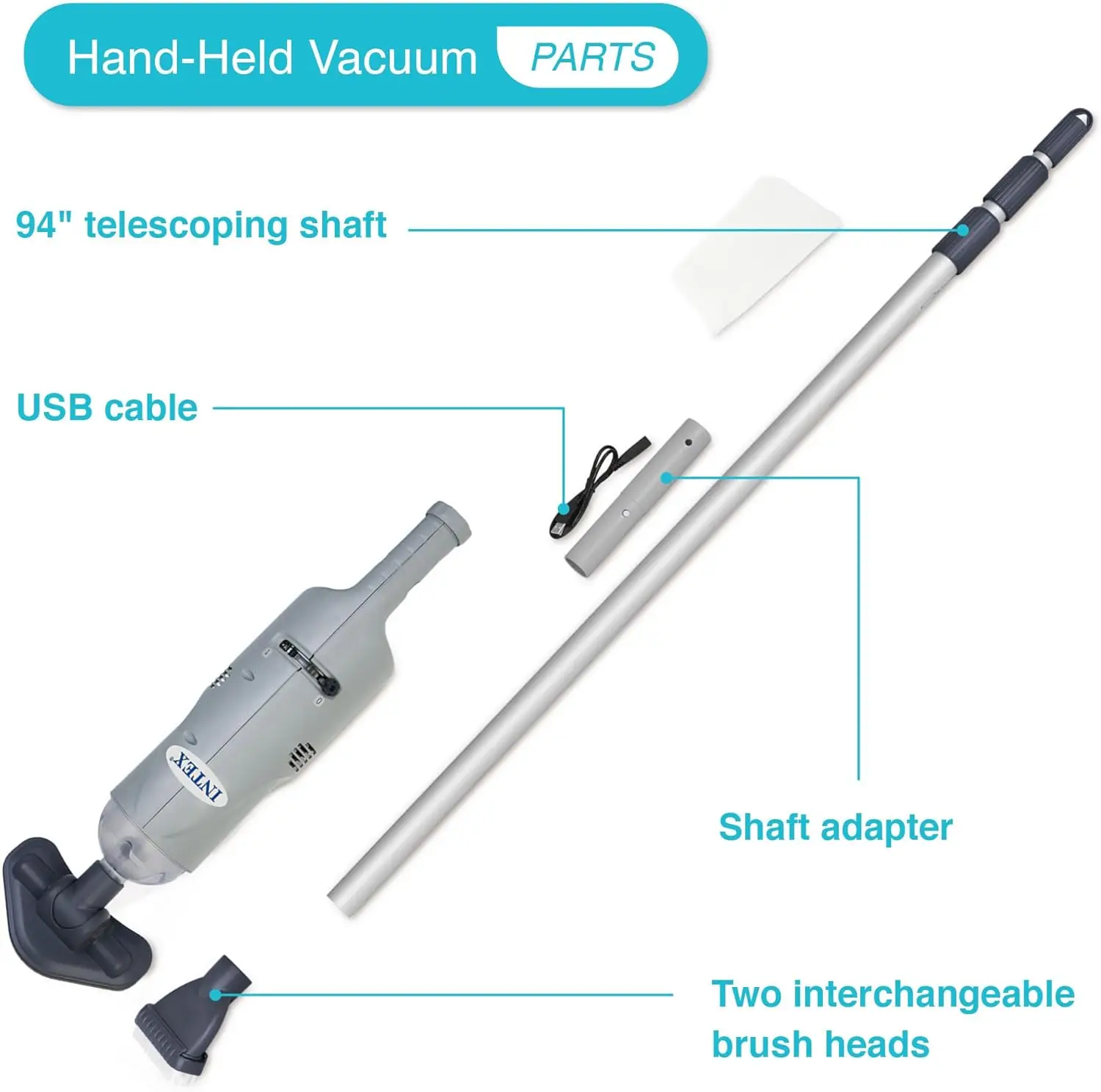 Intex Rechargeable Handheld Above Ground Swimming Pool and Spa Vacuum Cleaner with 94 Inch Telescoping Shaft