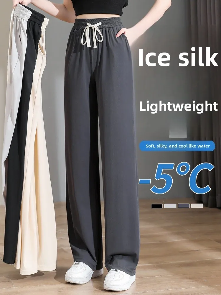 

Ice Silk Wide Leg Pants Women's Summer Thin New Small Casual Drape Qui Dry Sports Narrow Version Straight Leg Pants