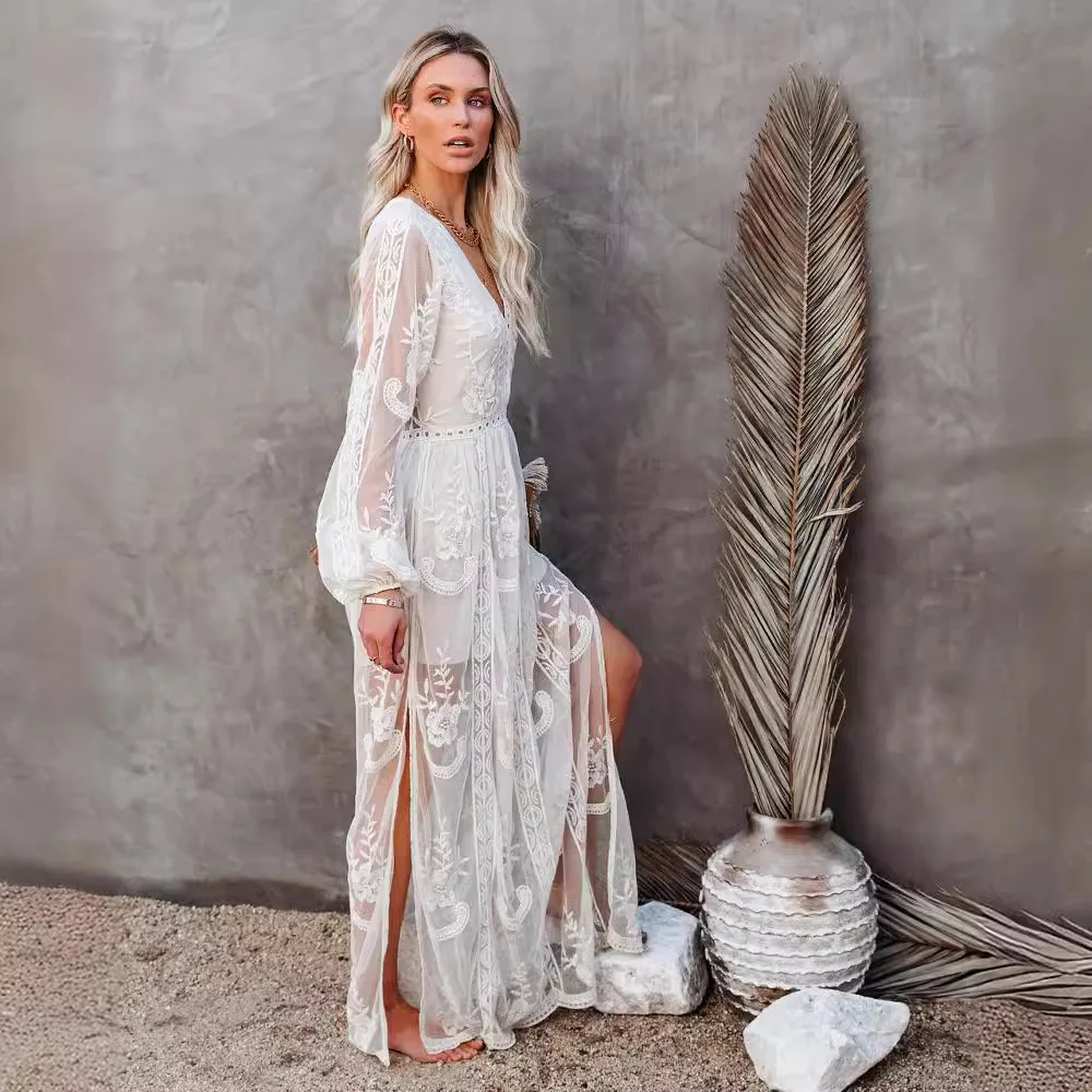 Boho dentelle Sexy col en V profond robe de soirée couleur unie classique une ligne robe décontractée pour la fête de mariage délicat côté fendu porter
