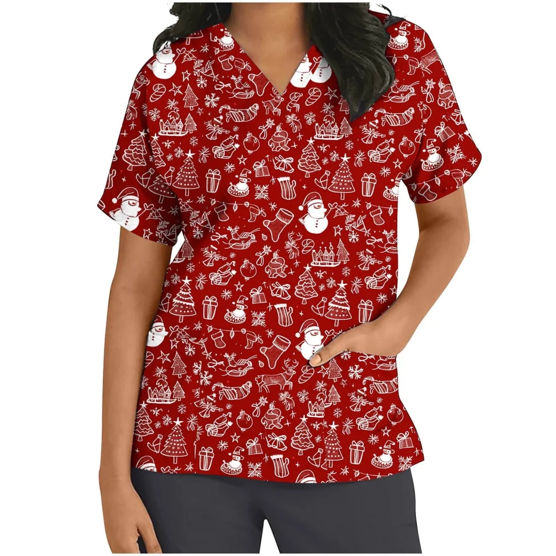 Nieuwe Kerst Verpleegster Uniform Scrubs Vrouwen Cartoon 3D Print V-hals Korte Mouw Pocket Overalls Uniformen Medische Verpleging Werken
