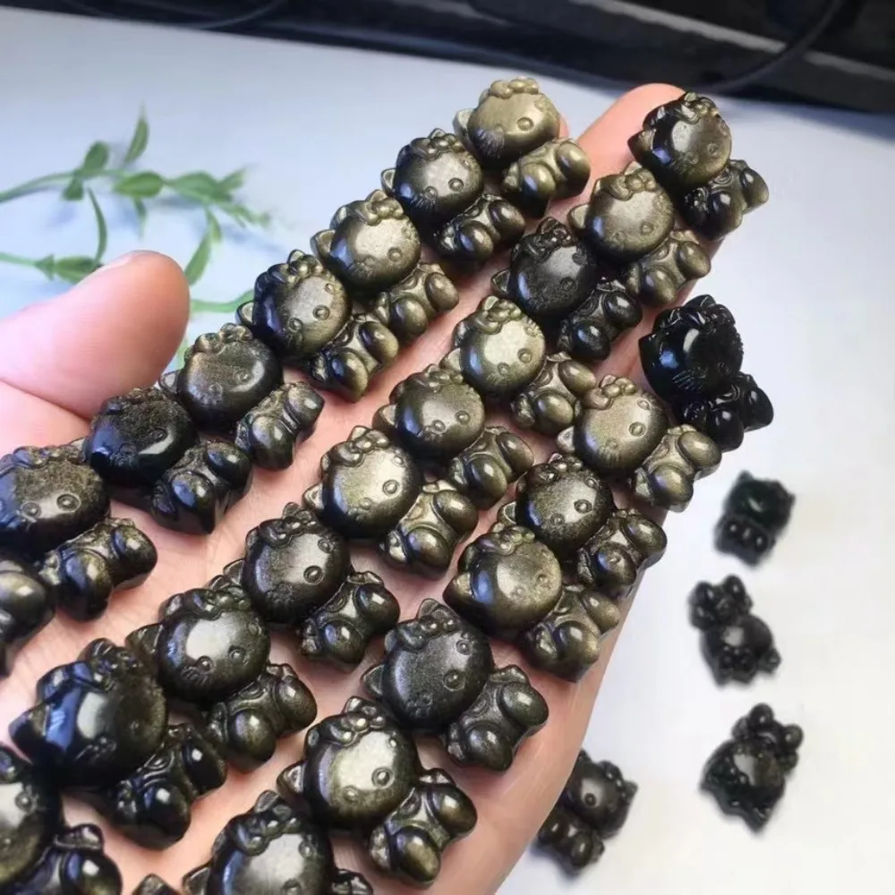 1 Stuk Natuurlijk Goud Zilver Obsidiaan Kt Kitty Cat Mini Carving Kristal Helende Steen Handwerk Beeldje Home Room Decor Diy Sieraden Cadeau