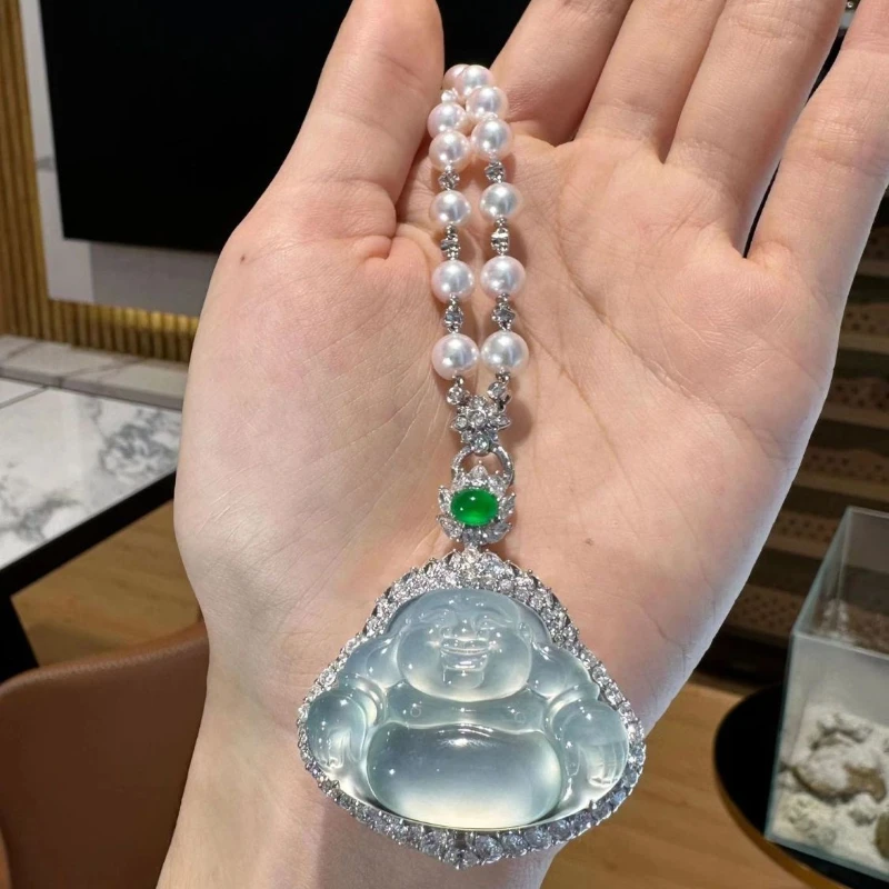 

Natural Myanmar Jade High Quality Ice Jadeite Jade Chalcedony Pendant Big Belly Buddha Maitreya Buddha Inlaid Jade Temperament