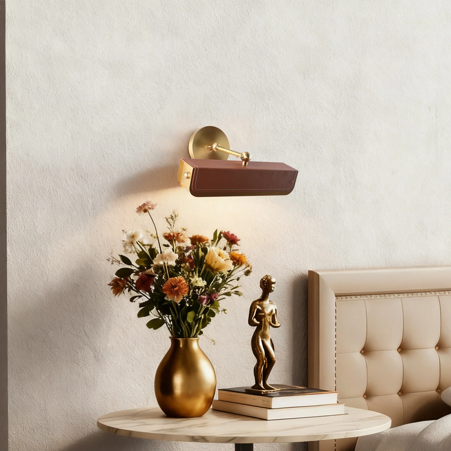 ضوء صورة نحاسي على الطراز الصيني، ضوء مرآة الحمام، مصباح جداري جلدي مصمم، مصباح جداري لغرفة النوم وغرفة المعيشة من النحاس