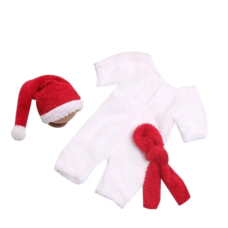 J15U Infant Photography Props Christmas Costume Romper Santa Hat Neck Scarf Baby Photoshooting Clothes Newborn Shower Gift