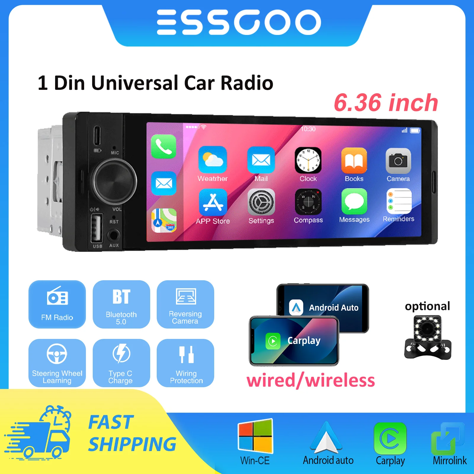 ESSGOO-Universal Multimedia Player for Car, 1 Din MP5 Car Radio, 6.36