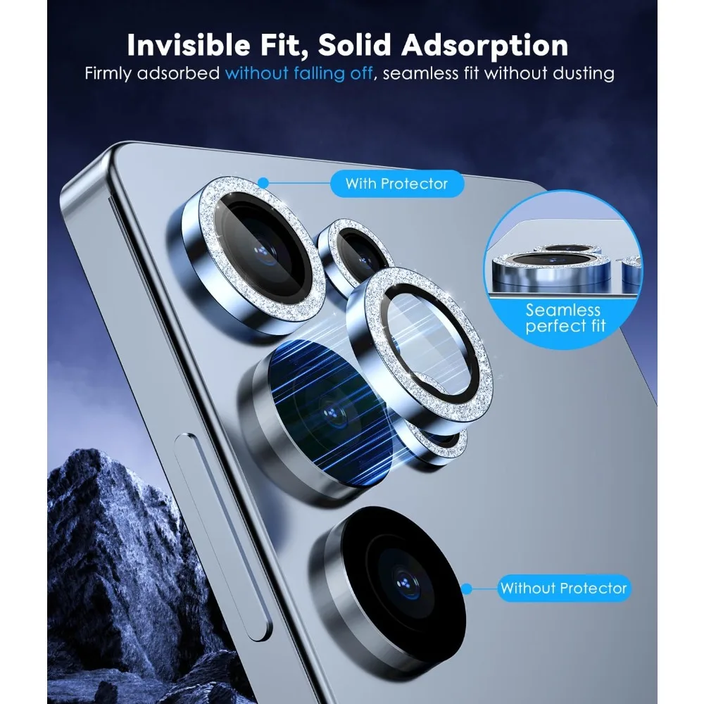 Protezione per obiettivo fotocamera con glitter in vetro temperato HD 9H per Samsung Galaxy S26 Ultra S25 Plus Anello protettivo per obiettivo in lega di alluminio