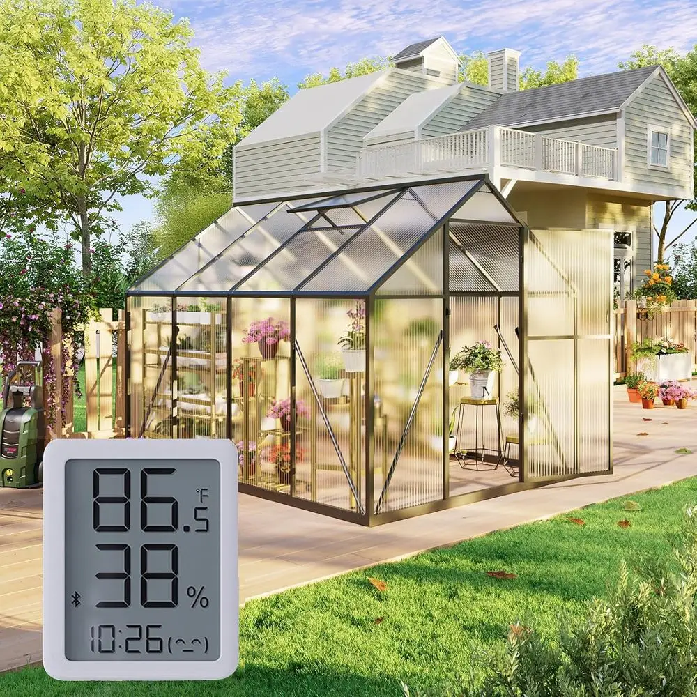 

6x8ft Durable Greenhouse with Hygrometer, Lockable Door, and Vented Roof for Easy Plant Gardening