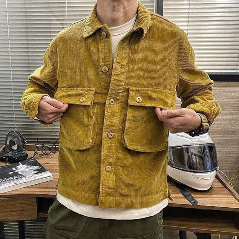 Vintage Pockets Corduroy Cargo Jackets For Men Spring Autumn Long Sleeve Button Lapel Casual Outerwear Mens Fashion Jacket Coats