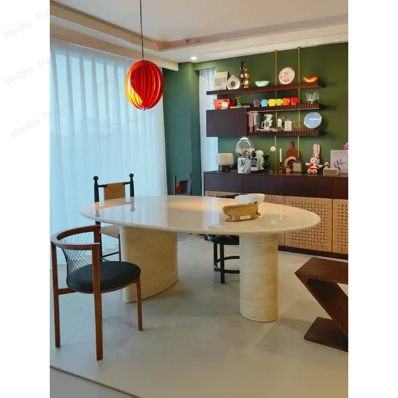 Oval work island high-end home marble dining table custom wabi sandy wind natural travertine dining table