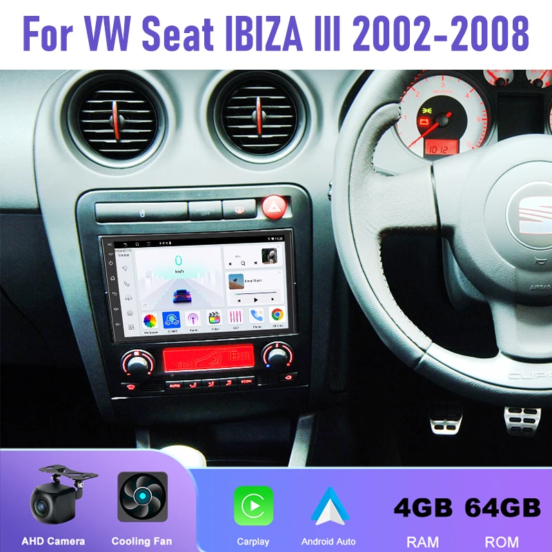 

7'' 4+64GB For VW Seat IBIZA III 2002-2008 Car Radio Wireless Carplay Android 15 Auto 2DIN FM GPS Bluetooth Stereo