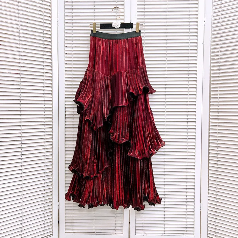 DEAT Women's Skirt Irregular Patchwork Pleated Design Solid Color A-line High Waist Long Skirt Spring 2025 New Fashion 29L9194