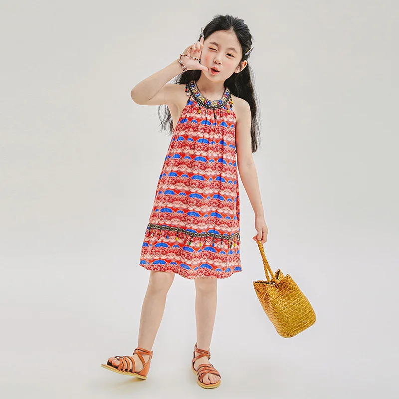 2024 Summer Children Girl Camisole Dress Teenager Girl Bead Tassel O-neck Printed One-piece Dress School Girl Straight Dress