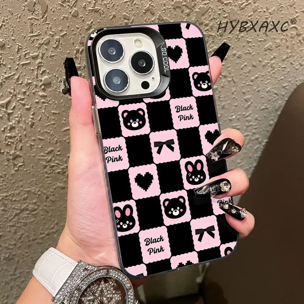 Funda para Teléfono con Diseño de Conejito y Osito en Cuadros Rosa y Negro para iPhone 11-17 Pro Max, Carcasa Protectora de TPU a Prueba de Golpes