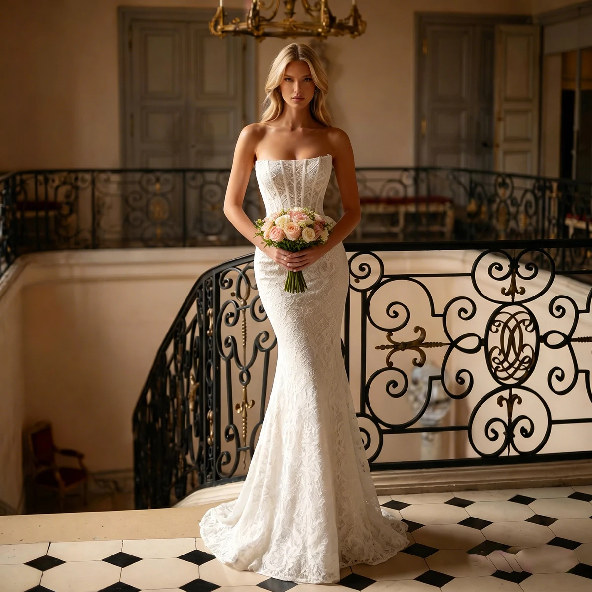 

Luxury Lace Appliques Mermaid Wedding Dress For Bride Long Backless Strapless Bridal Party Gown For Women Vestidos Novia