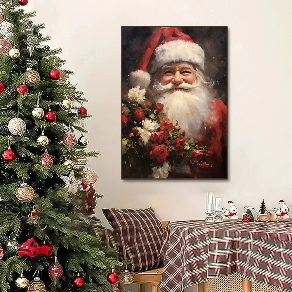 Vintage Santa Claus Portrait in Mistletoe Reading Letters Toy Cookie Poster Canvas Painting Wall Pictures Christmas Home Decor