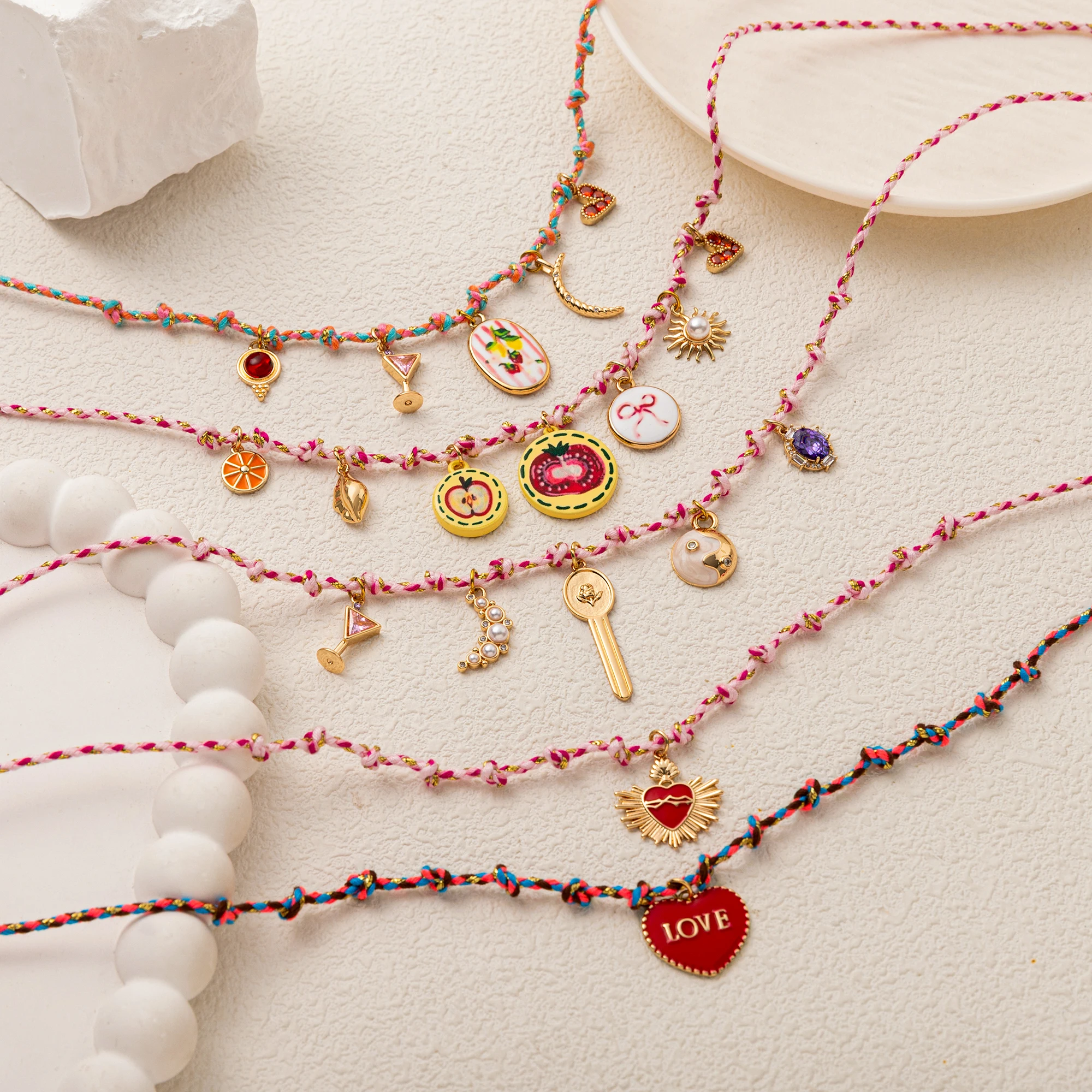 

Bohemian Knotted Rope Necklace with Multiple Pendant Charms, Colorful Handmade Jewelry for Girls & Women