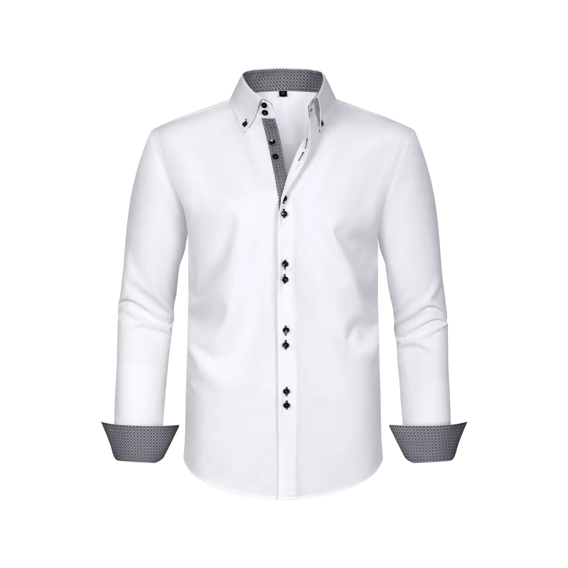 Men's Polyester Solid Color Black Shirts Long Sleeve Blue Paisley Patchwork Social Casual Dress Shirt Elegant Men Clothing