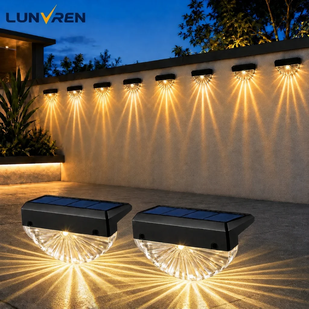 2Pcs Solar Fence Lights Outdoor IP44 Waterproof Dual Color LED Deck Step Wall Lamps Warm White for Garden Patio Yard