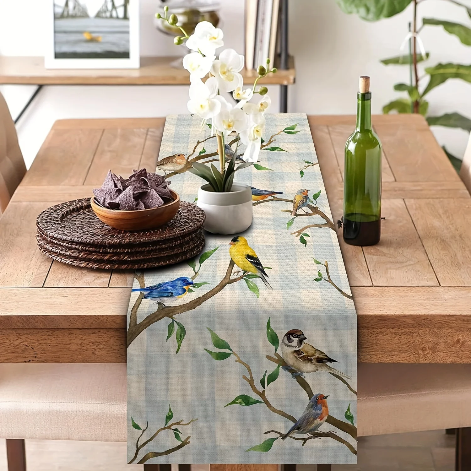 Spring Birds Tree Branches Linen Table Runner Buffalo Plaid Dresser Scarf Table Decor Farmhouse Wedding Party Dining Table Decor