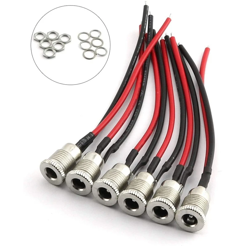 6Pcs DC Power Connectors 5.5 x 2.1mm Female Socket with Threaded Socket with Cable and Male Barrel Socket Plug with Wire