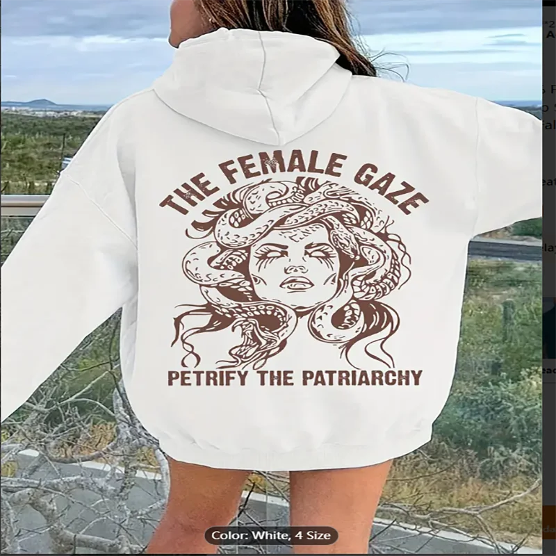 Women's White Hoodie with The Female Gaze Medusa Graphic Print Oversized Fit Drawstring Hooded Sweatshirt Feminist Casual Wear