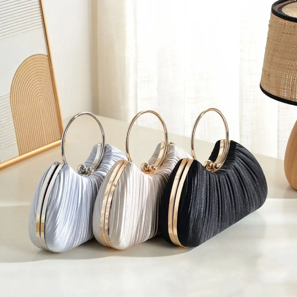 

Fashion Exquisite Evening Banquet Bag Temperament Portable Satin Pleated Handbag Solid Color Sweet Wrist Bag Party
