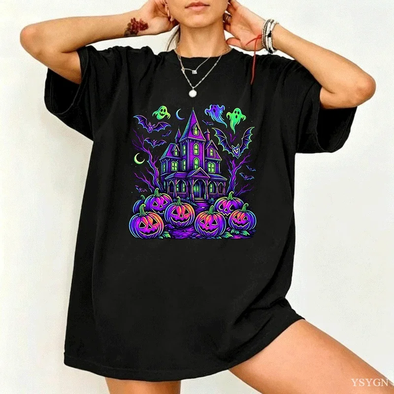 Halloween Women Short Sleeve T-shirt Crewneck Haunt Pumpkin Pattern Print Summer Casual Daily Women Breathable Harajuku Tee
