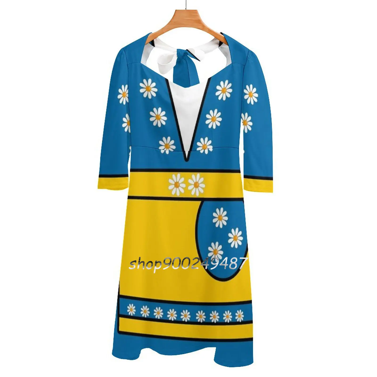 Swedish National Costume Blue Yellow Daisies Flare Dress Square Neck Dress Elegant Female Fashion Printed Dress Swedish