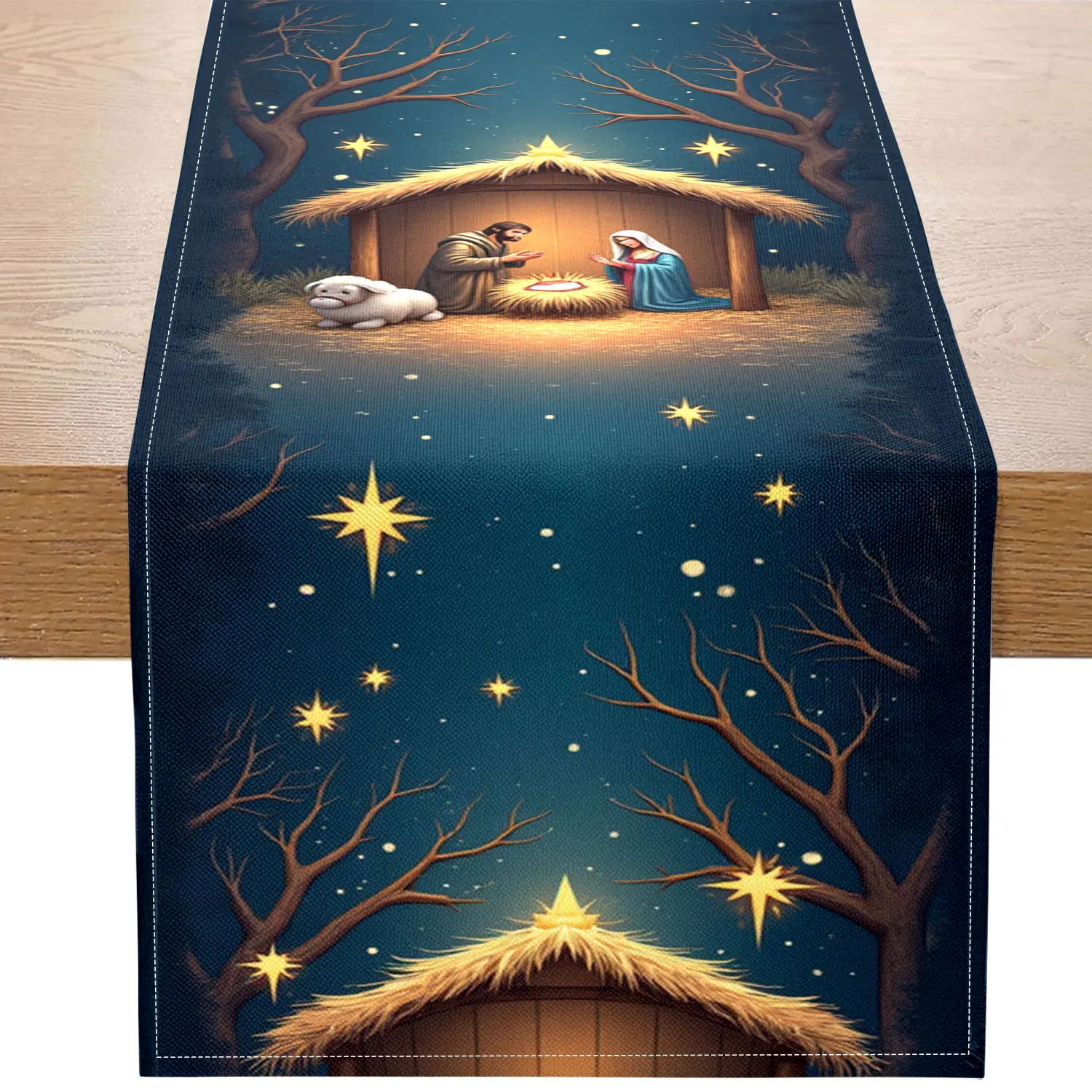 1 Piece of Christmas-Themed Table Runner, Depicting the Birth of the Baby Jesus in the Dark Night, with Starlight Patterns, Suitable for Christmas Religious Ceremonies and Holiday Decorations