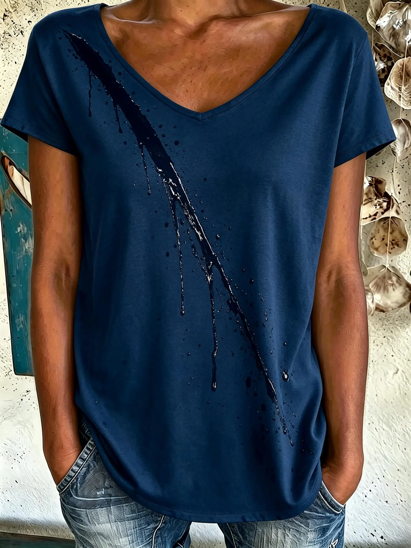 Women V‑Neck Short Sleeve T‑Shirt Art Splash Print Tees Abstract Ink Splatter Graphic Casual Loose Daily Tops