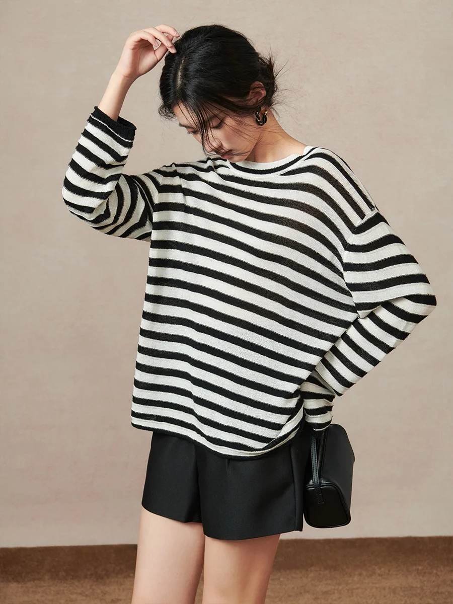 

Kiki Bla White Silk Wool Stripe round Ne Knitted Sweater Women's Spring Autumn Knitwear Comfortable Regular Fit Long Sve