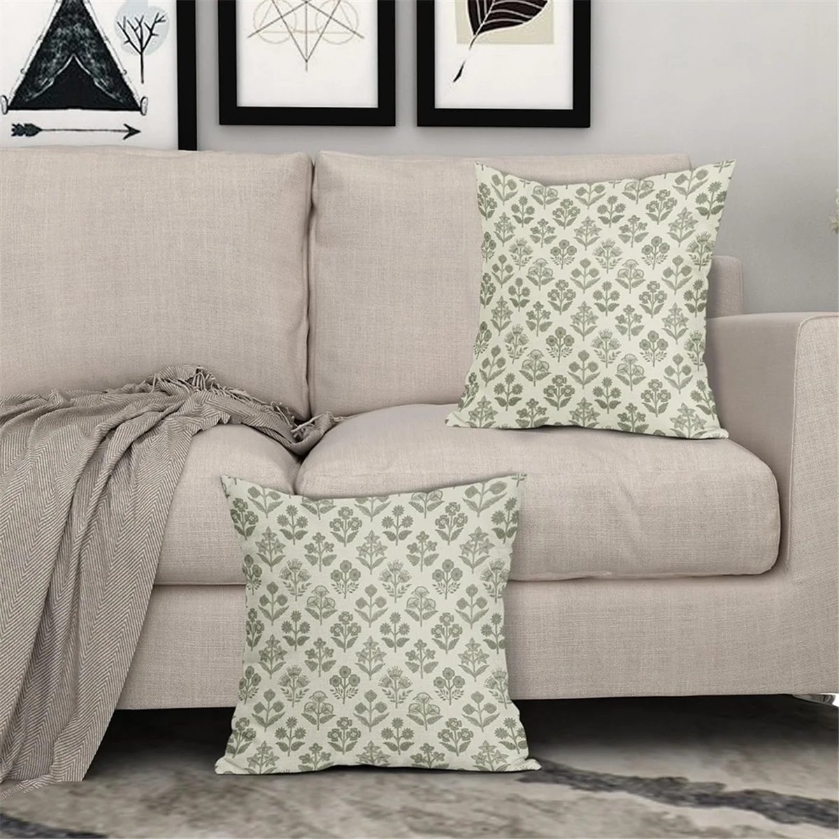 AT54 Floral Pillow Covers 18x18 Inch Set of 2, Vintage Flower Block Print Pattern Decorative Throw Pillowcases