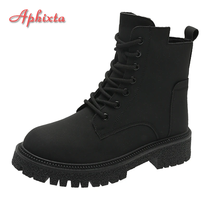 Aphixta Platform Sports Battle Boots Women Leather Winter Anti Slip Lace-up & Zipper Shoes Chunky Sole Motorcycle Short Boots