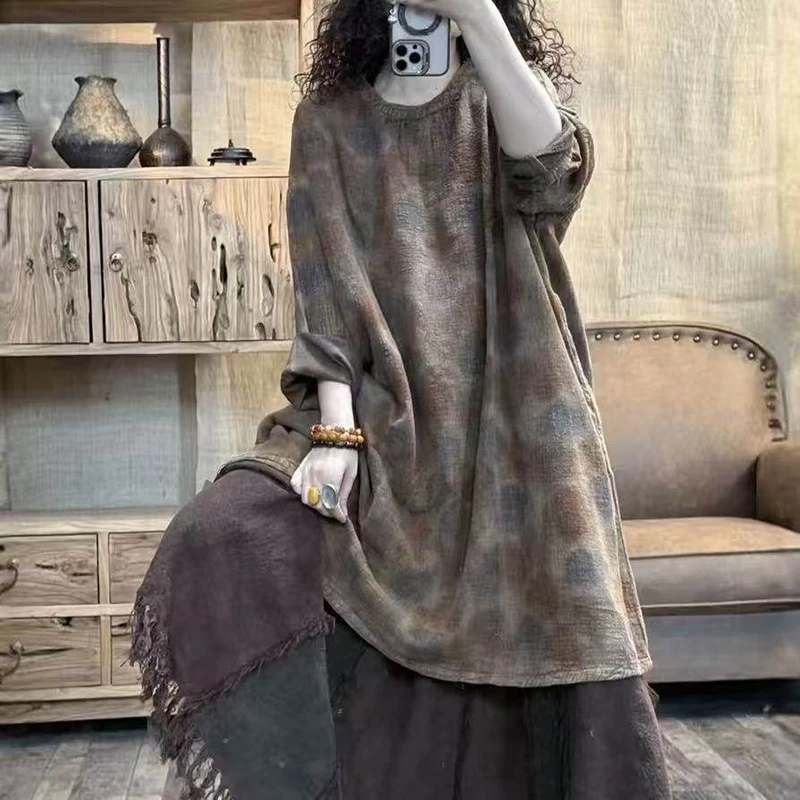 

26 New Arrival Spring Arts Style Women Loose Casual Cotton Linen Tops Tees Tie Dye All-matched O-neck Long Sleeve T Shirts L154