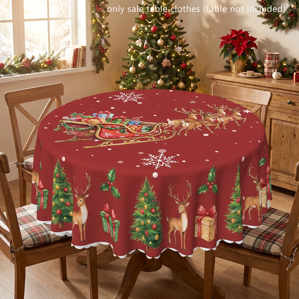Christmas reindeer sleigh tablecloth (round) for indoor and outdoor use, reindeer and sleigh print with gift pattern