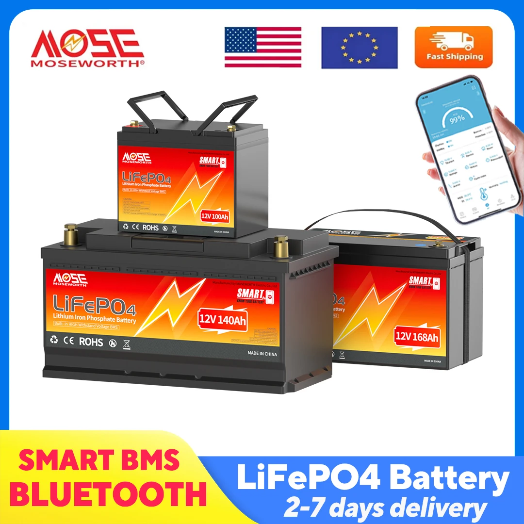 Image of MOSEWORTH 12V 100Ah 140Ah 168Ah LiFePO4 Lithium-Batterie mit integriertem Smart BMS, Deep-Cycle LiFePO4-Batterie für Trolling-Motor und Wohnmobil