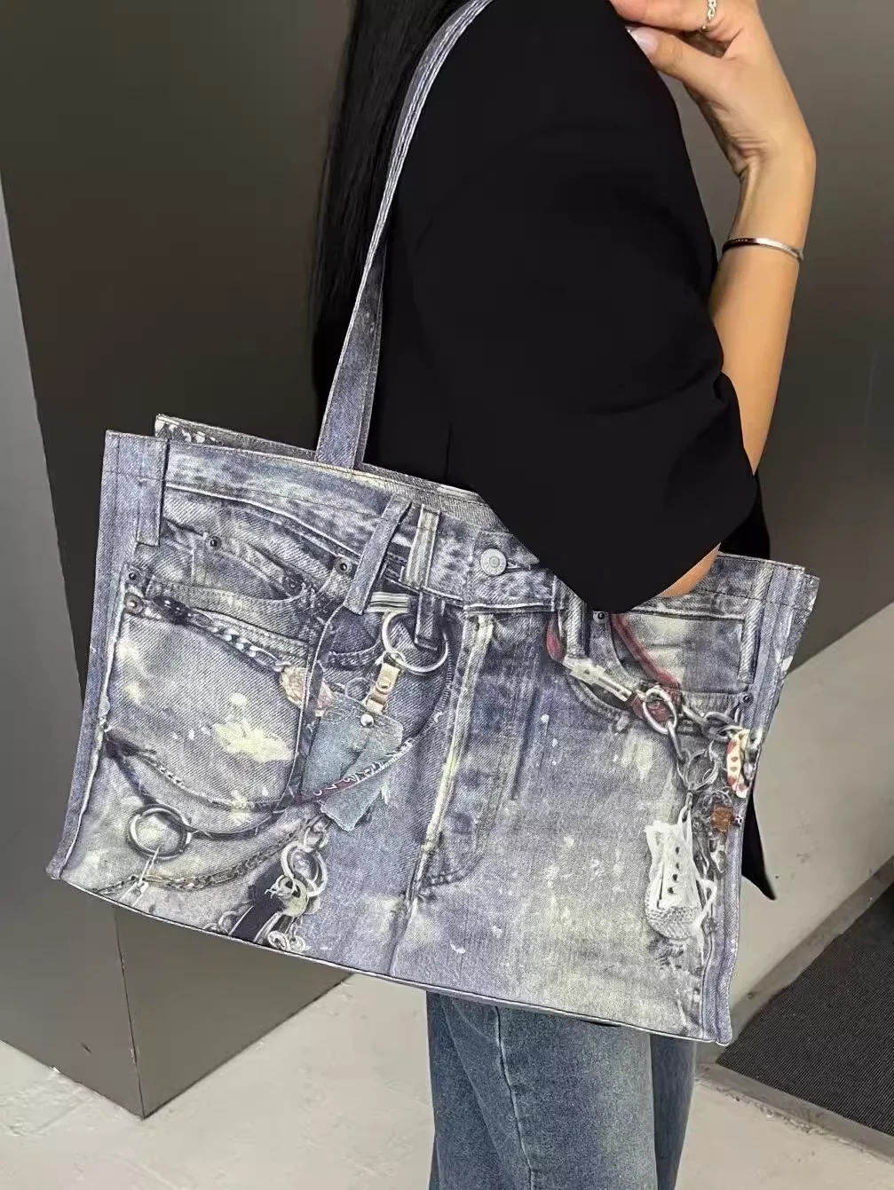 Bolso de hombro de mezclilla con estampado creativo de colores mezclados, bolso de mano de bolsillo de Jeans novedoso personalizado, bolso de compras de retazos Popular para mujer