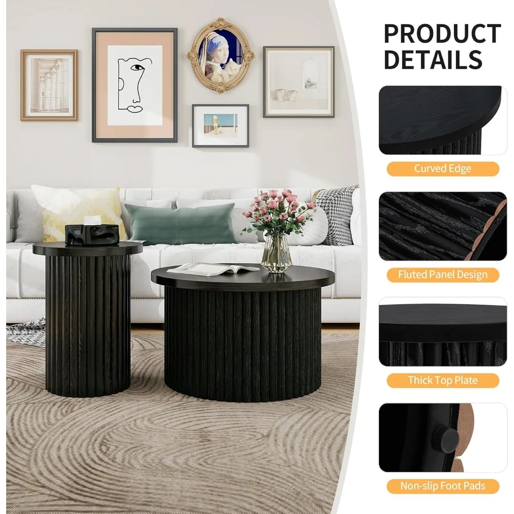 Set di 2 tavolini da caffè impilabili in legno, tavolini rotondi moderni con piedini antiscivolo, tavolini scanalati Nesting per soggiorno Bal