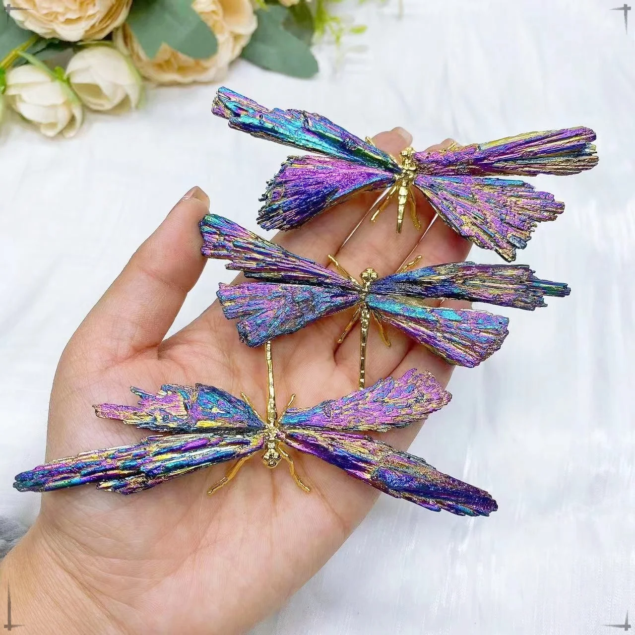Natural Colorful Tourmaline Electroplanted Crystal Butterfly Dragonfly Spar Crafts Reiki Healing Home Desktop Decoration Gift