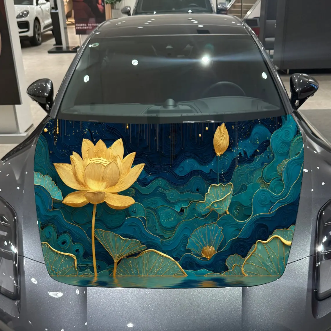 Gilded Lotus Cloud Oriental Mystic PVC Car Hood Wraps, Self-Adhesive Waterproof Car Bonnet Decal Sticker, Car Decoration Protect