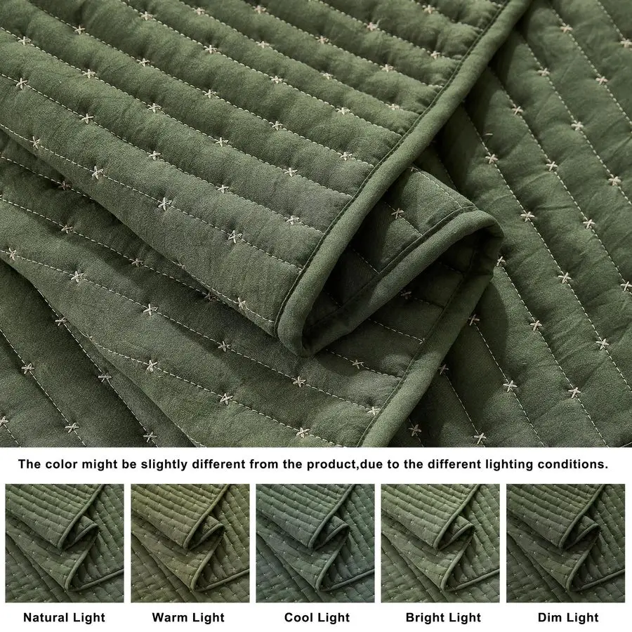 

Olive Green Cross Stitch Queen Size Quilt Set, Striped Lightweight Soft Bedspread, Channel Farmhouse Rustic Coverlet, All Season