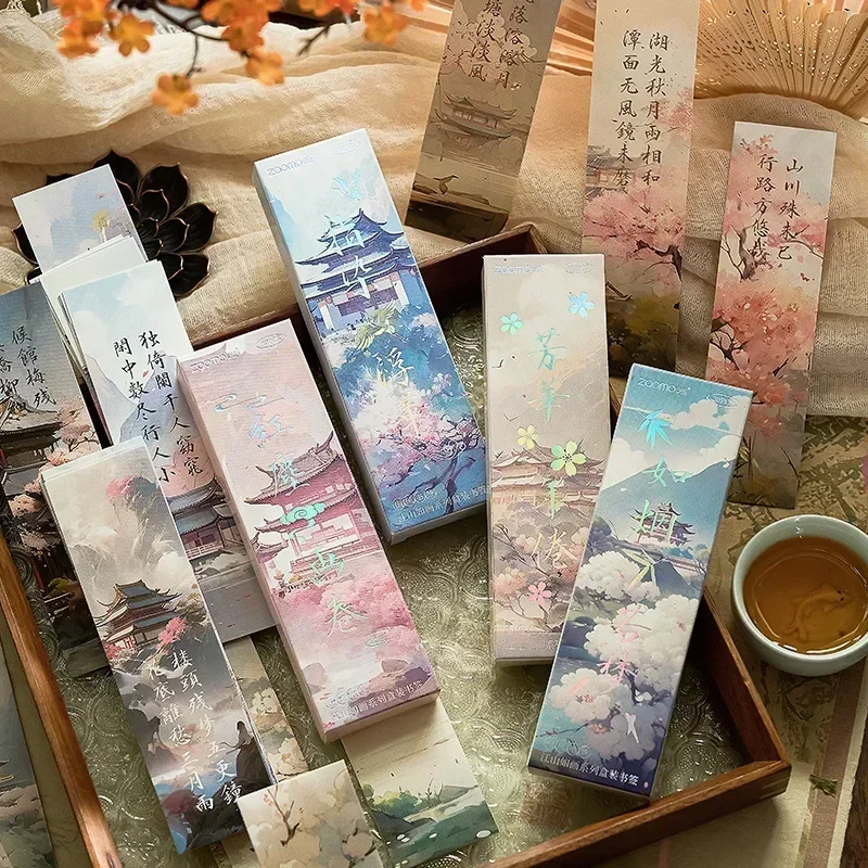 30 Sheet Retro Chinese Style Bookmark Vintage Mountains Building Scenary Bookmark Scrapbook Bookmark for Student School Supplies