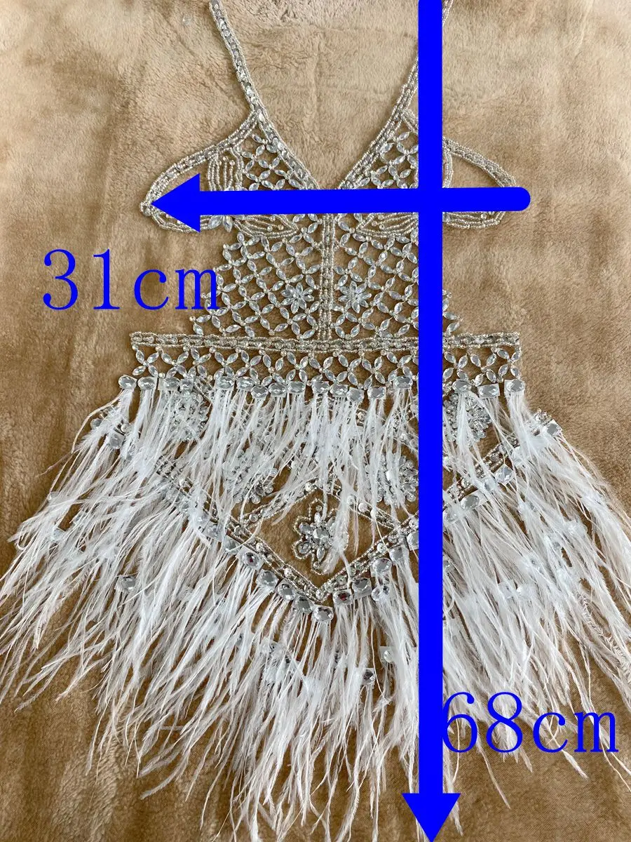 Abito da festa in pizzo tulle bianco argento tessuto piume di struzzo gonna sexy tubo di perline di lusso con paillettes strass materiale diamante caldo