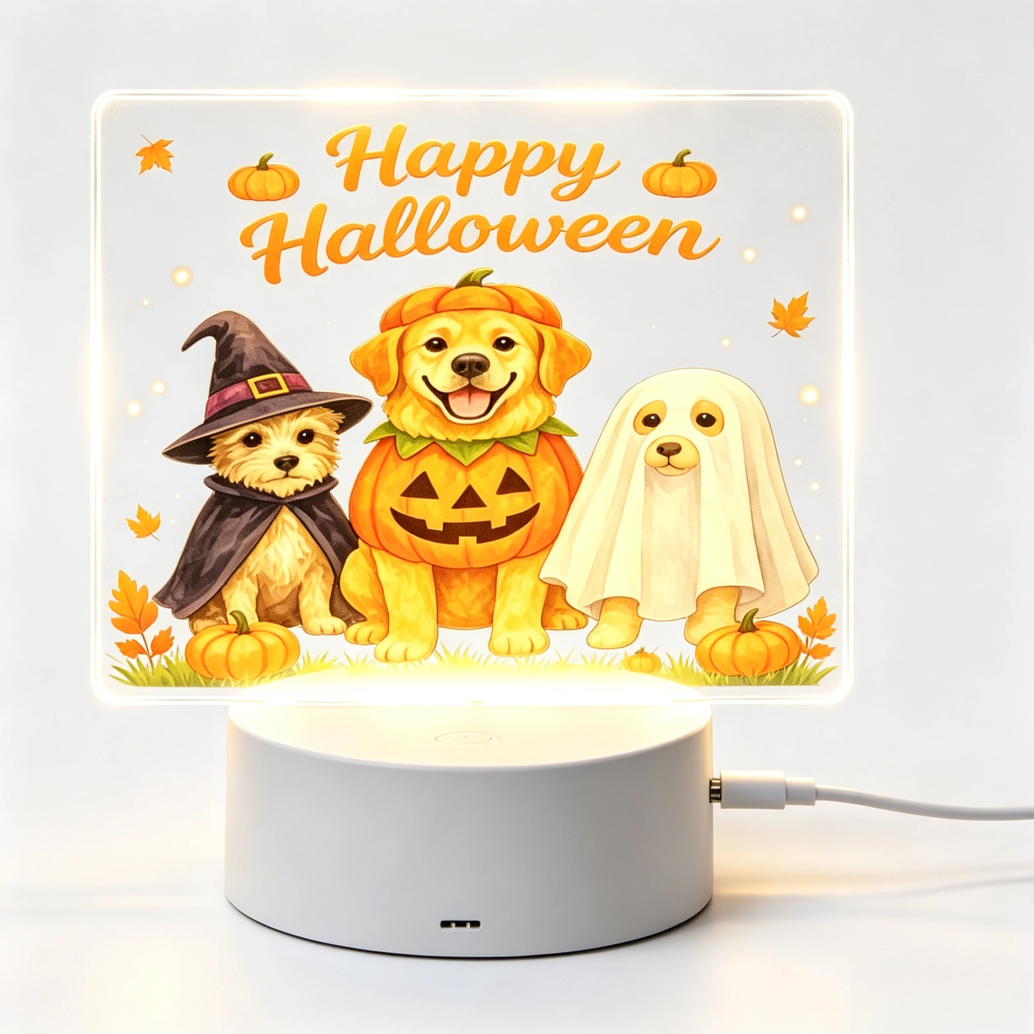 Happy Halloween Costumed Dogs Acrylic Night Light, Puppy Witch Ghost Pumpkin LED Lamp
